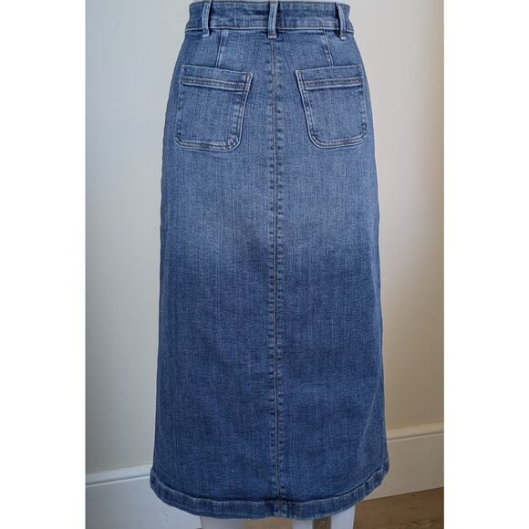 M&S VTG Denim Jean Skirt 4 Blue Midi Pencil 4 Button Front Patch Pockets 90s - Picture 3 of 10